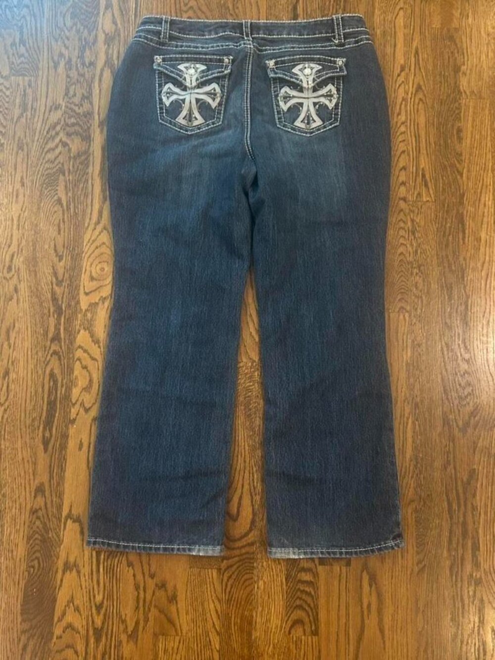 Y2K McBling Embroidered Rhinestone Cross Pocket Flare Jeans - Size 18W